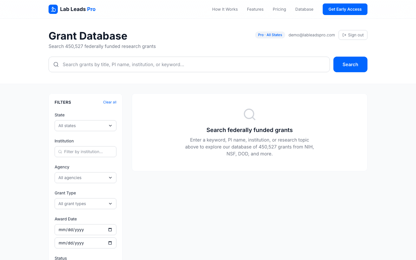 The full Lab Leads Pro database interface showing search bar, filters, and grant results