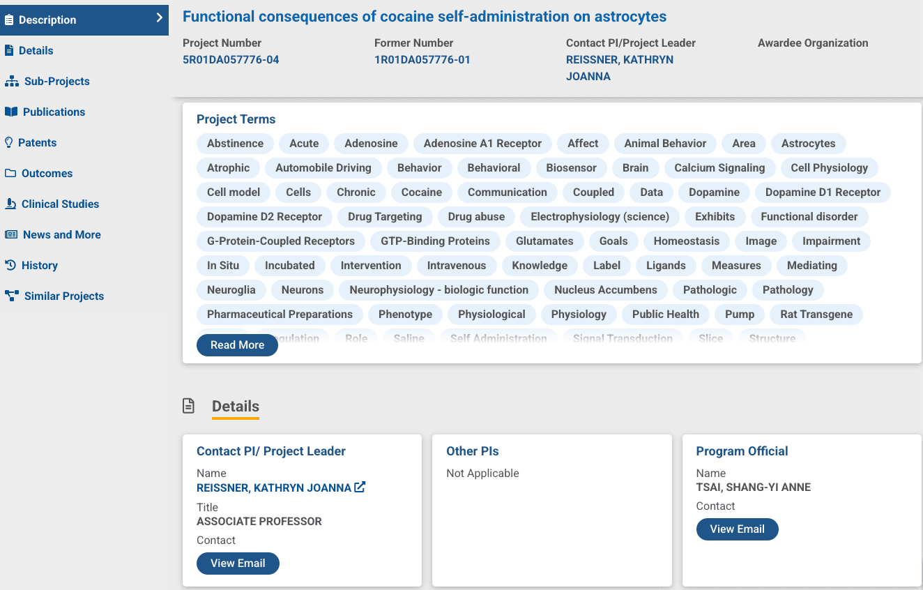 NIH Reporter project details page with View Email button